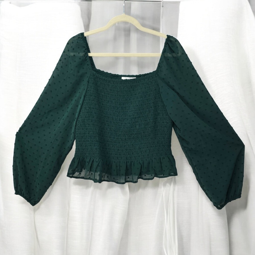 Lush Smocked Top Swiss Dot Blouse Square Neck Long Sleeve‎ Woman XXL Green Boho